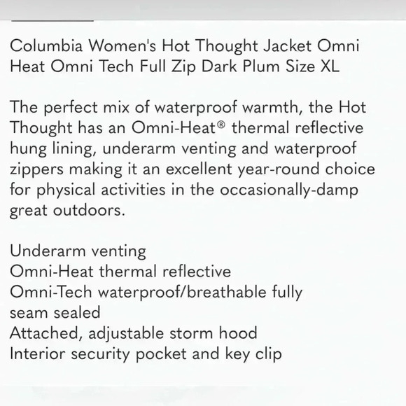 Columbia Women's Hot Thought Jacket Omni Heat Omni Tech Dark Plum Size L - Picture 2 of 11